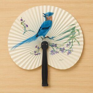 Chinese Paper Hand Fan Blue Bird Purple Flowers Black Handle Foldable 10” China